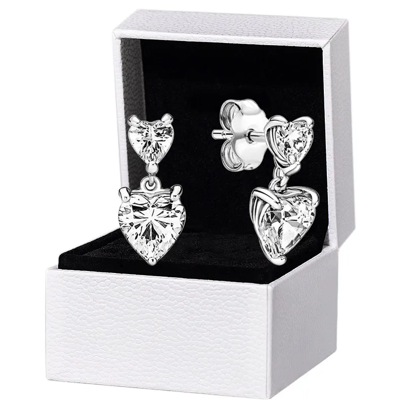 Funkelnde Doppelherz-Ohrstecker für Pandora, echtes Sterlingsilber, Hochzeitsschmuck für Frauen, Freundin, Geschenk, CZ-Diamant-Designer-Ohrring mit Originalverpackung