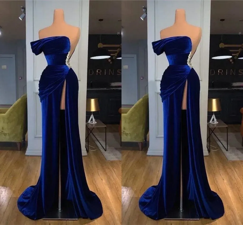 2023 Royal Blue Velvet Prom Dresses Mermaid High Split Beaded Sleeveless  Pleats Custom Made Evening Gown Formal Occasion Wear Vestidos Plus Size