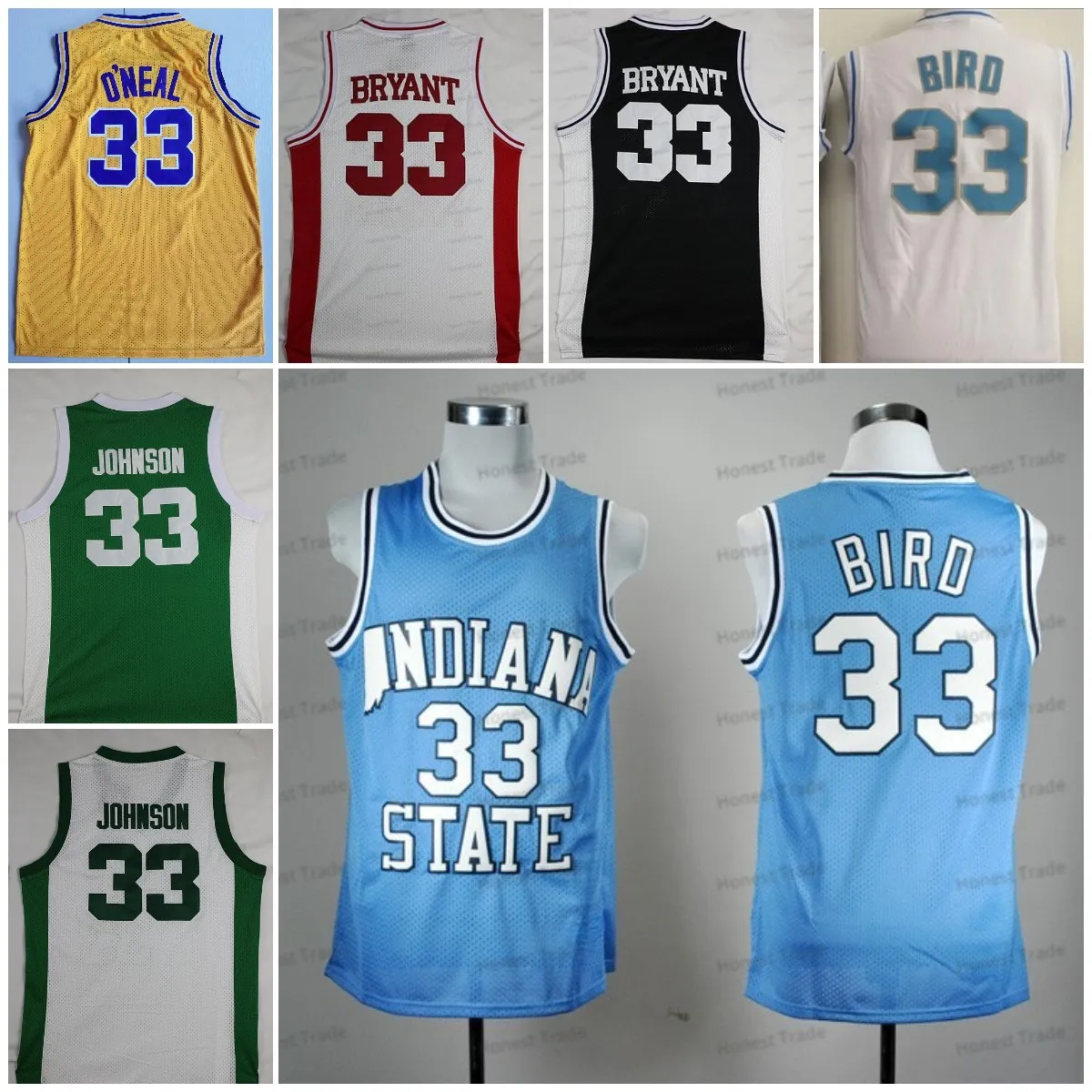 Indiana State Sycamores 33 Larry Bird Jersey State Johnson 33 Shaq ONeal Maglie da basket Lower Merion High School Bianco Rosso Nero Maglie cucite da uomo