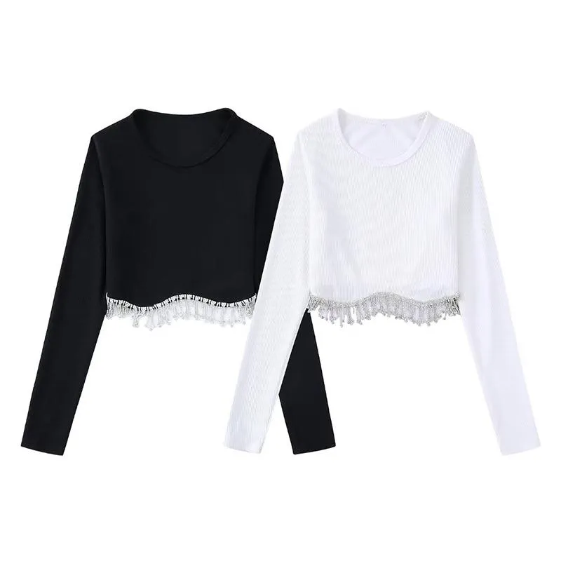 Pulls pour femmes Printemps Femmes Mode Bijoux Embelli Solide Couleur Pull Tricoté Polyvalent À Manches Longues O Cou Pulls Courts BB22860Wo