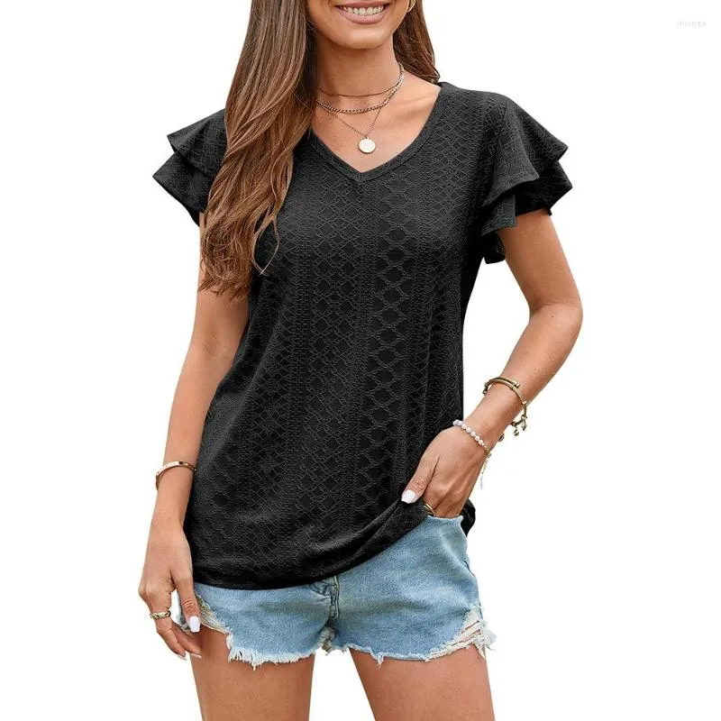 Women's T Shirts 2023 Summer V-neck T-shirts For Women Fashion Hollow Out Ruffled Short Sleeve Female Tee Shirt Ladies Basic Casual Tops