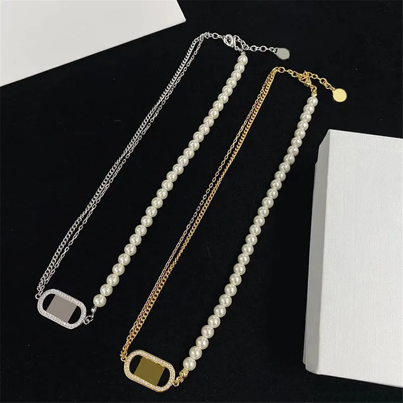 Pearl Dual Link Chain Asymmetrical Necklaces Women Oval Ring Pendant Necklaces Diamonds Adjustable Jewelry for Lady