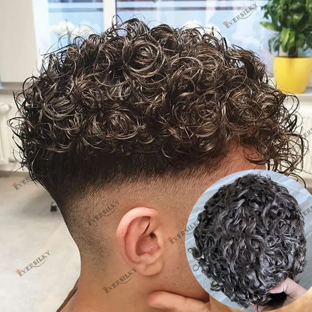 Men's Children's Wigs Full Skin Base 20mm Curly Human Hair Men's Toupee Durable Prosthesis System Black/Brown Hair Piece 130 Density Natural Frontline 230307