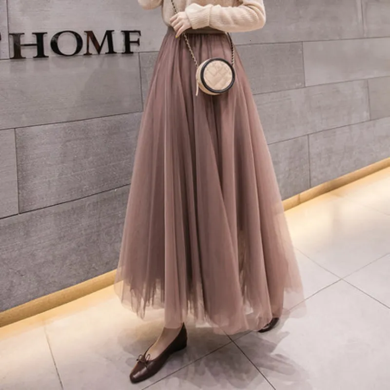 Skirts Sweet A-line Solid Mesh Skirt Elegant Three-layer Medium Length White Skirt Casual Elastic High Waist Fairy Spring Clothes 24788 230308