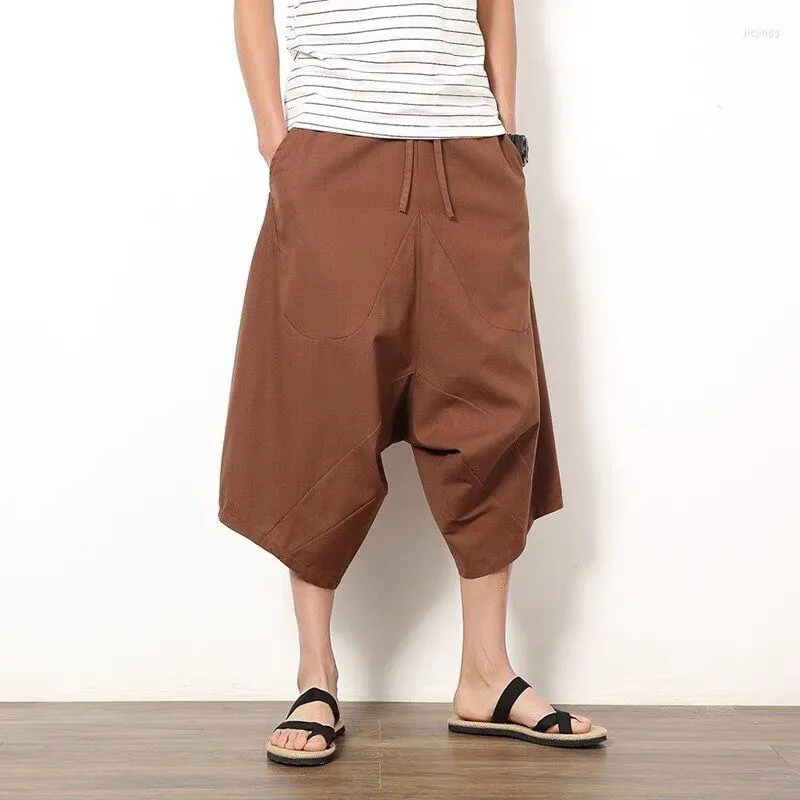 Męskie spodnie męskie bawełniane lniane workowate szerokie nogi wiszące krocze Hip Hop Bloomers Męskie cielęcie Krzyżowe spodnie Letnie spodnie