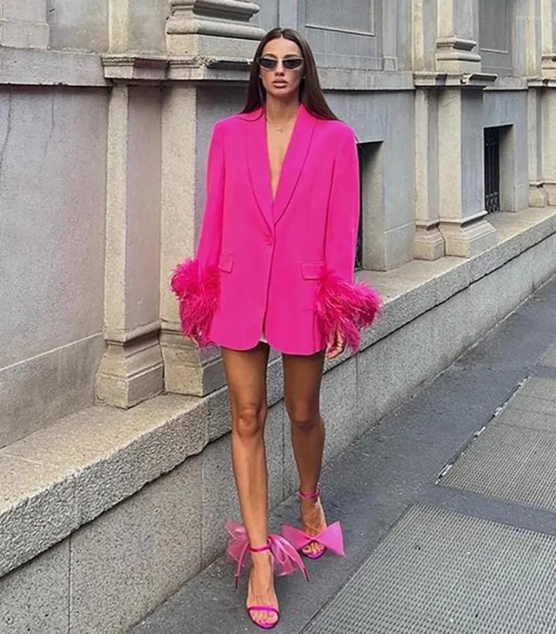 Women's Suits Women Feather Blazer Jacket 2023 Fashion Spring Ladies Elegant Long Sleeve Rose Red Coat Office Wear