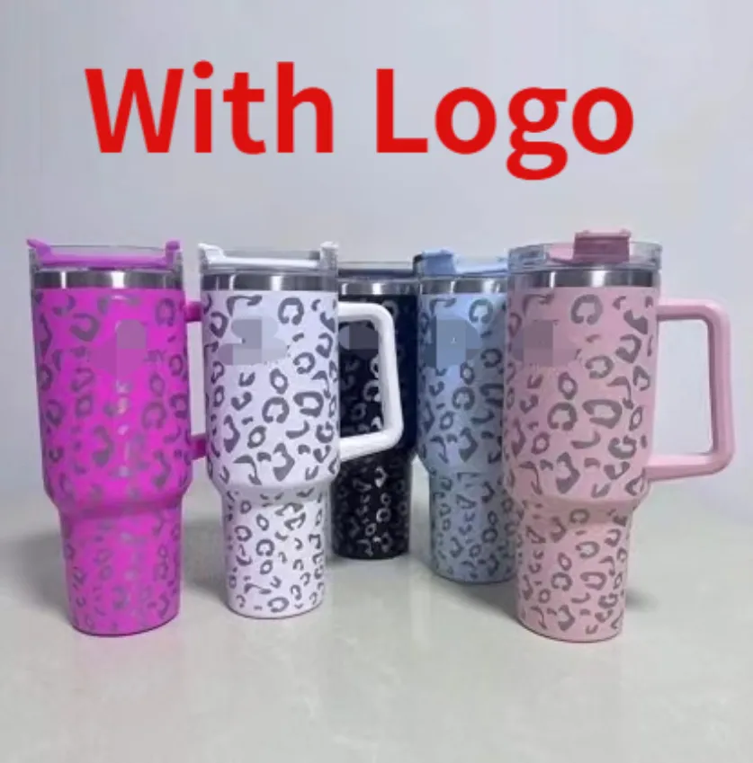 40oz Leopard rostfritt stål tumlare med logotyphandtag locket STACH Big Capacity Beer Mug Water Bottle Outdoor Camping Cup Vakuum Insu2886