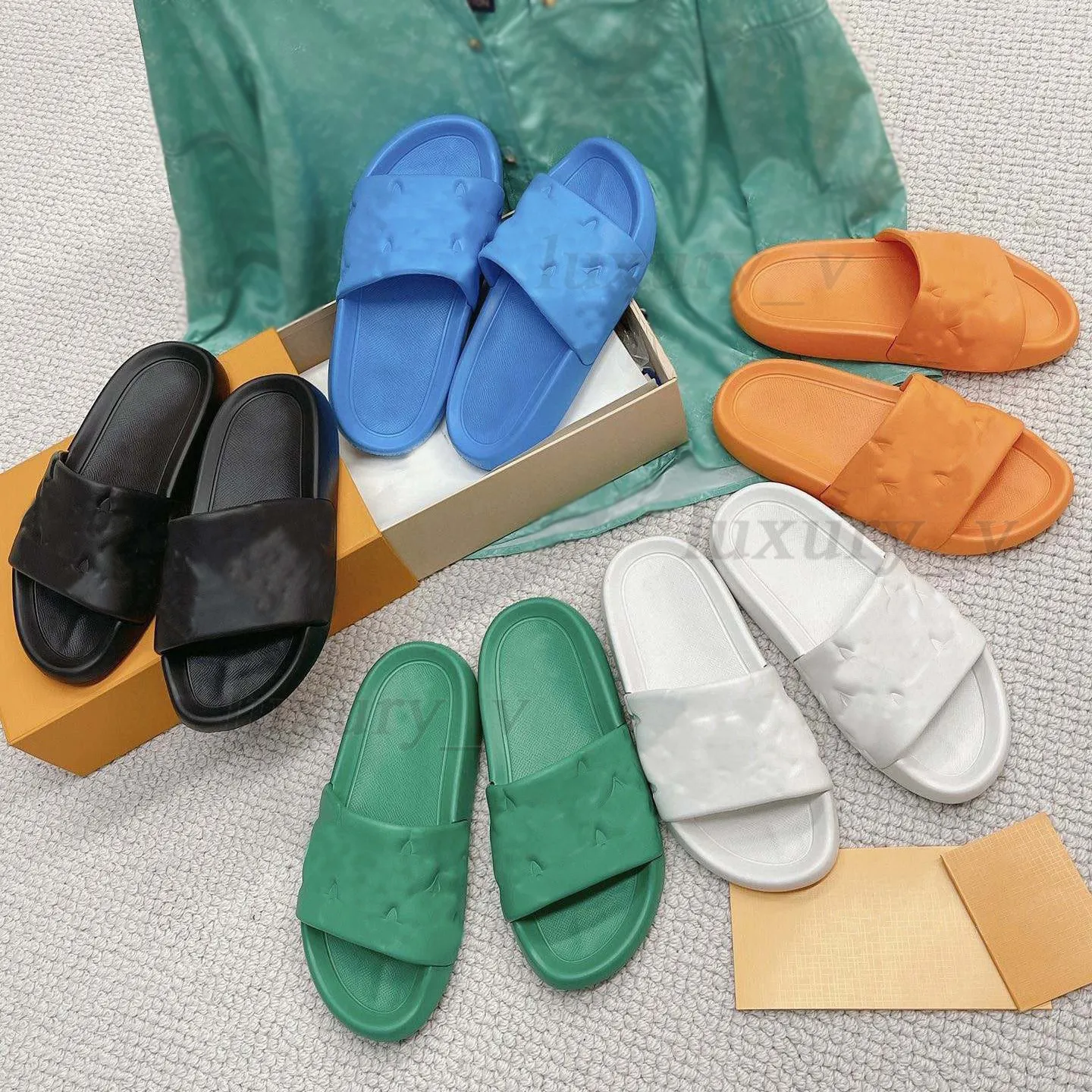 Designer-Hausschuhe für Damen, Poolkissen, Komfort-Slipper, geprägte Slides, Mules, Sunset, flache Gummi-Außensohle, Slide-Sandalen mit Box