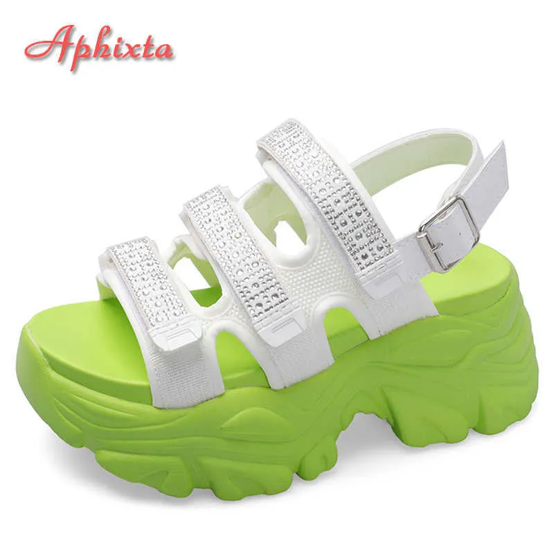 Sandals Aphixta 2022 Summer 7cm Green Crystals Height Increasing Sandals Women Platform Canvas Wedge High Heels Chunky Sole Sandal Z0306