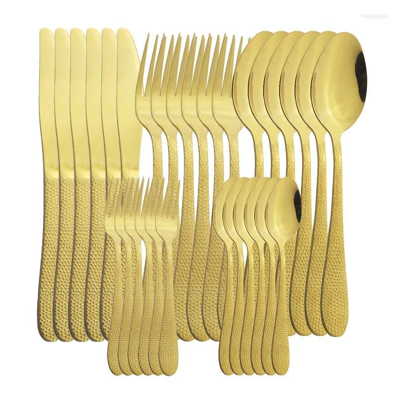 Drohstoffwarensätze 30pcs Gold Tischgeschirr Set Edelstahl Besteck Gabel Messer Löffel Silber