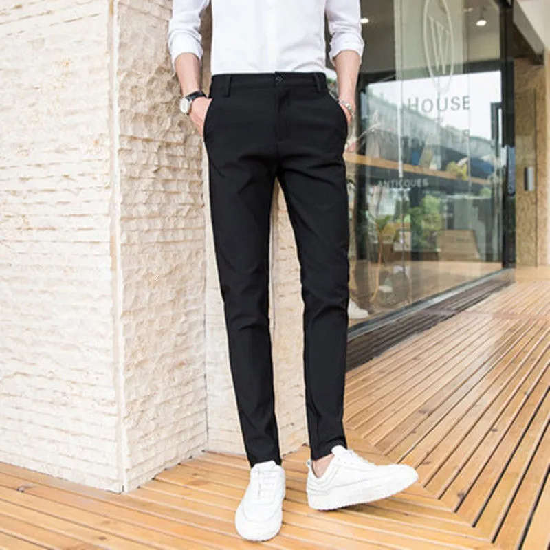 Mens Stretch Slim Fit Ankle Length Mens Suit Trousers Black Blue