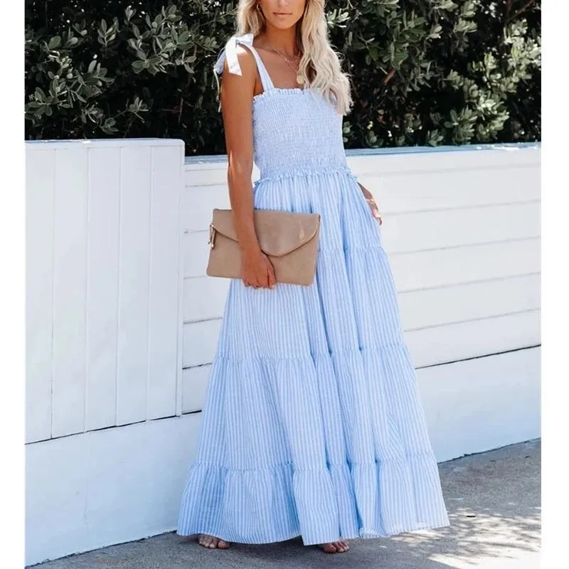 Abiti casual Blue Tie Bow Bohe Dress Women Increspato Vita alta Backless Cinturino per spaghetti Long Summer Ruffle Holiday Vestidos For