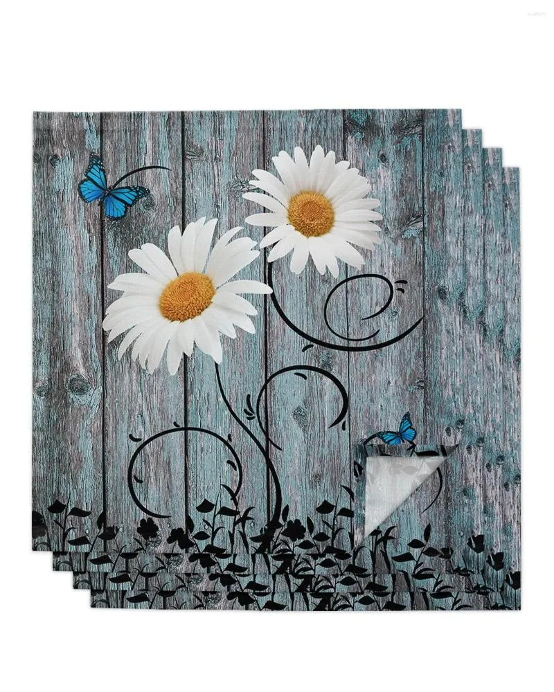 Table Napkin Daisy Retro Wood Grain Butterfly 4/6/8pcs Cloth Decor Dinner Towel For Kitchen Plates Mat Wedding Party Decoration