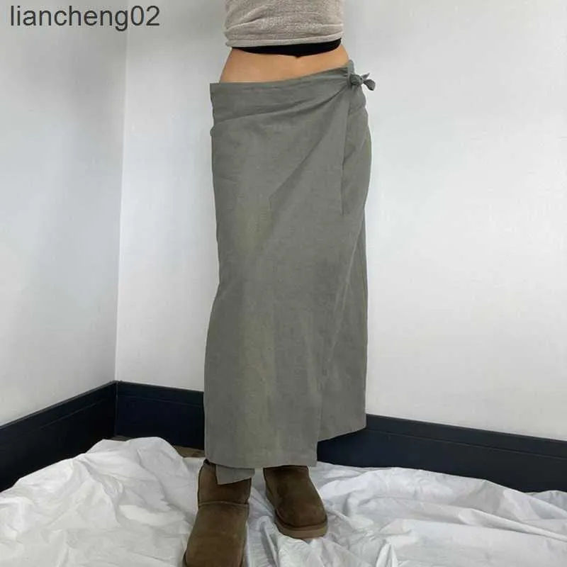 Юбка Синкцин Y2K Грузовая юбка Женщины серая низкая талия асимметричная пленка Длинная юбка Винтежная эстетическая сплошная ставка Harajuku Streetwear W0308