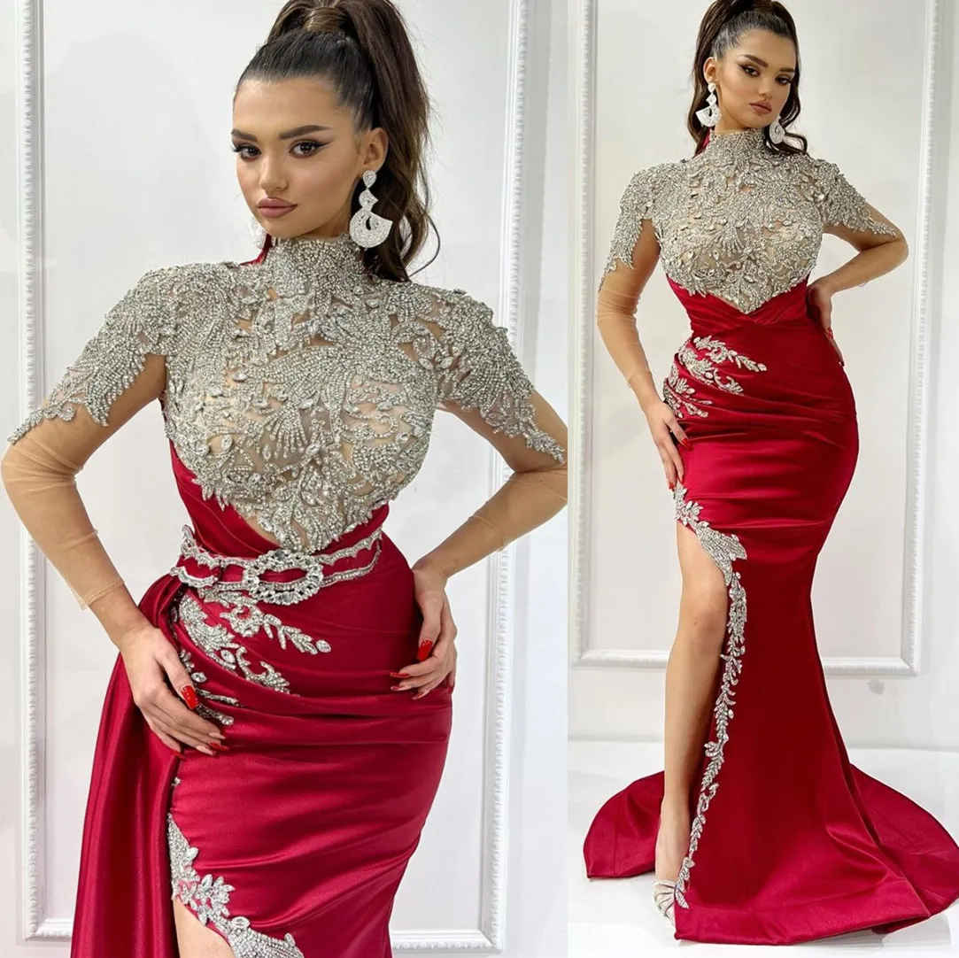 Mermaid Arabisch aso ebi luxueuze prom jurken kristallen kralen kant -avond formeel feest tweede receptie verjaardag verloving bruidsmeisjes jurken jurk zj