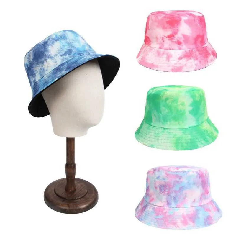 Chapeaux à larges bords Tie Dye Flat Top Pliable Shade Femmes Chapeau de pêcheur Protection solaire Printemps Automne Double face Bassin Cap Chapeau de pêche R230308