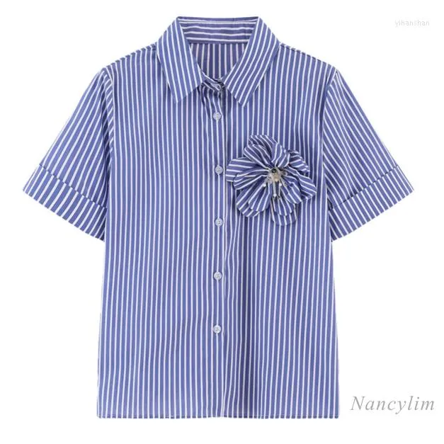 Women's Blouses Three-Dimensional Flower Blue Striped Shirt Women's Short Sleeve Blouse Female Cloth 2023 Summer Loose Girls Students