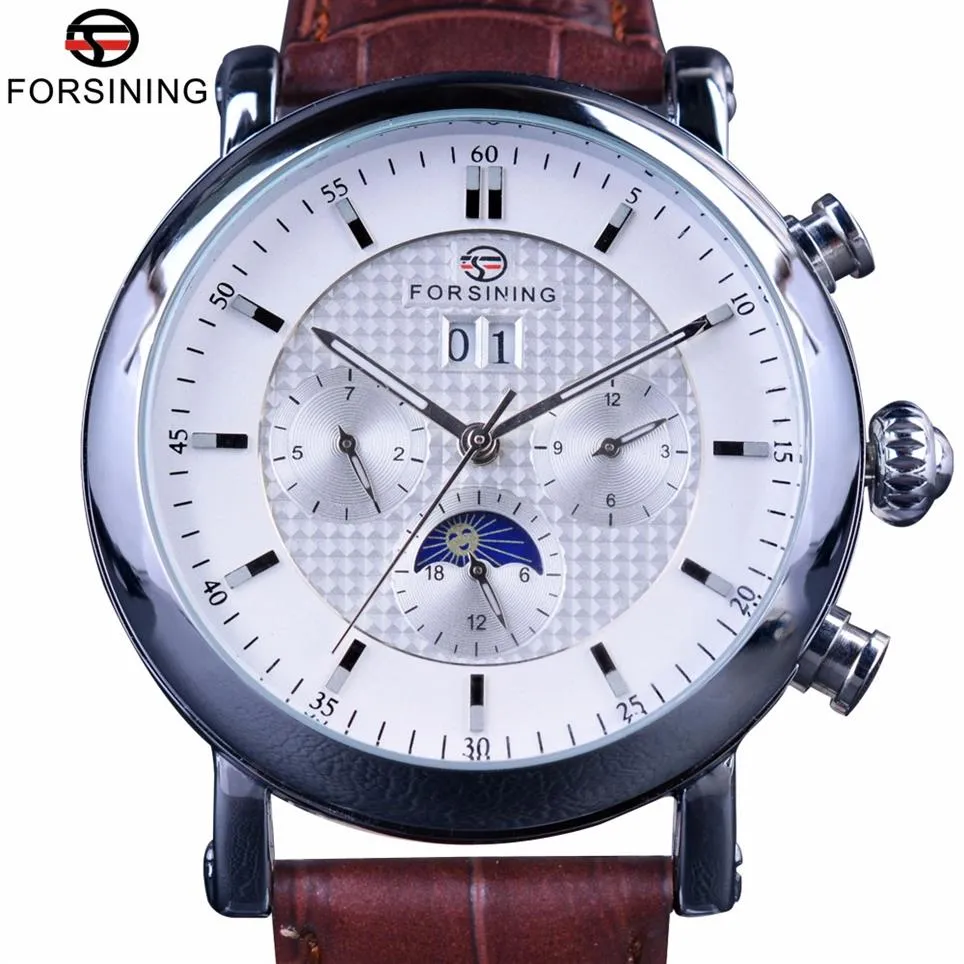 Forsining Mode Tourbillion Design Cadran Blanc Phase De Lune Calendrier Affichage Montres Pour Hommes Top Marque De Luxe Montre Automatique Clock182v