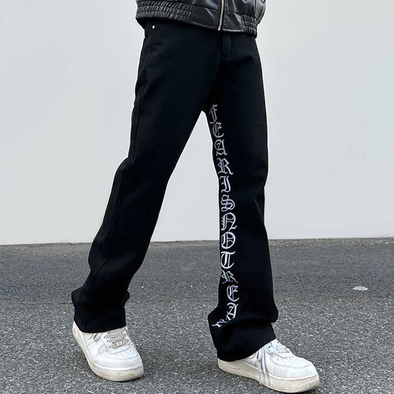 Männer Jeans Harajuku Innenseite Brief Stickerei Weiß Schwarz Herren Jeans Hosen Gerade Retro Streetwear Baggy Übergroße Denim Hosen Z0301