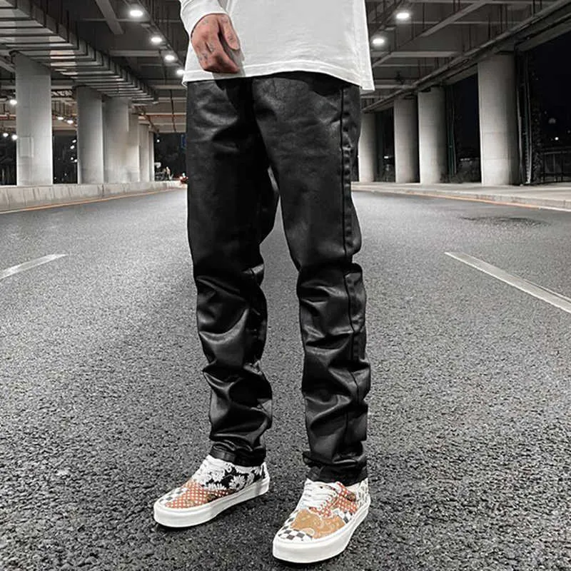 Men's Jeans Harajuku Black Jeans Men's Vibe Waxed Casual Trousers Straight Pockets Oversized Pencil Pants Loose Hip Hop Mens Pants Z0301