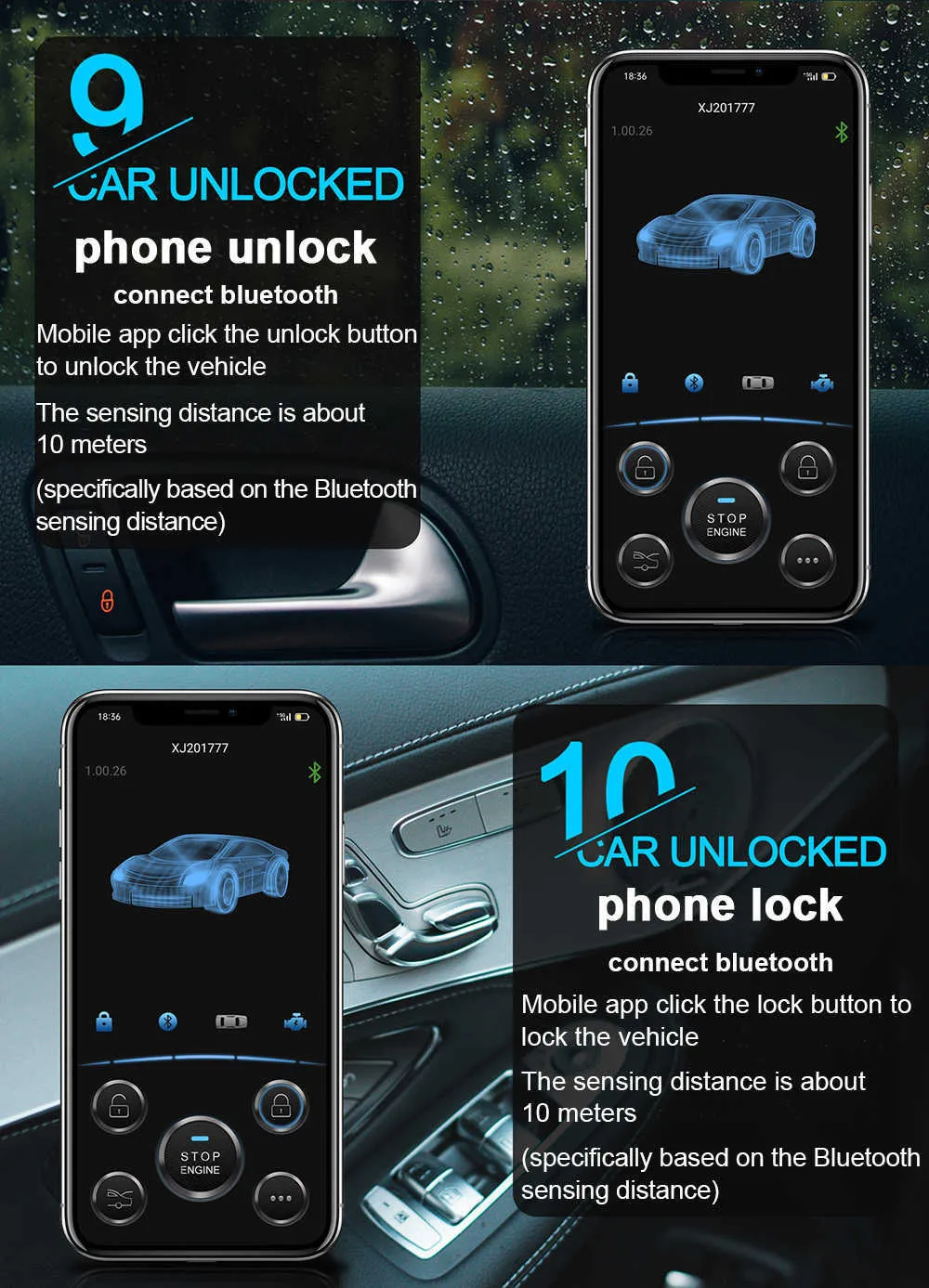 Kit d'arrêt de démarrage à distance de voiture universel Bluetooth  Application de téléphone mobile Contrôle du moteur Allumage Ouvrir le  coffre Pke Entrée sans clé Alarme de voiture
