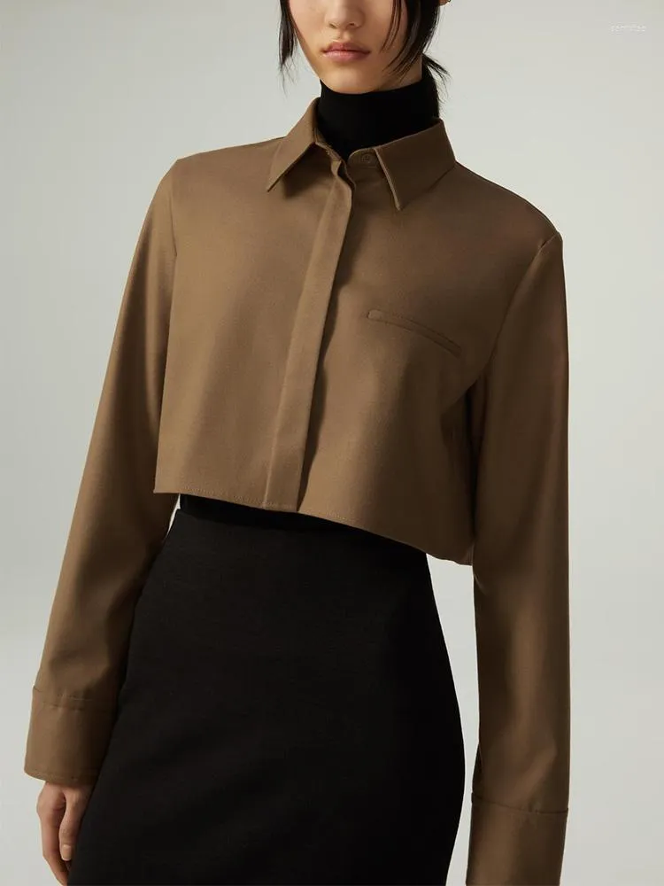 レディースブラウストップ女性2023ファッション長袖チェストウェルトポケットが隠されたボタンアップラペルカラーソリッドビンテージ
