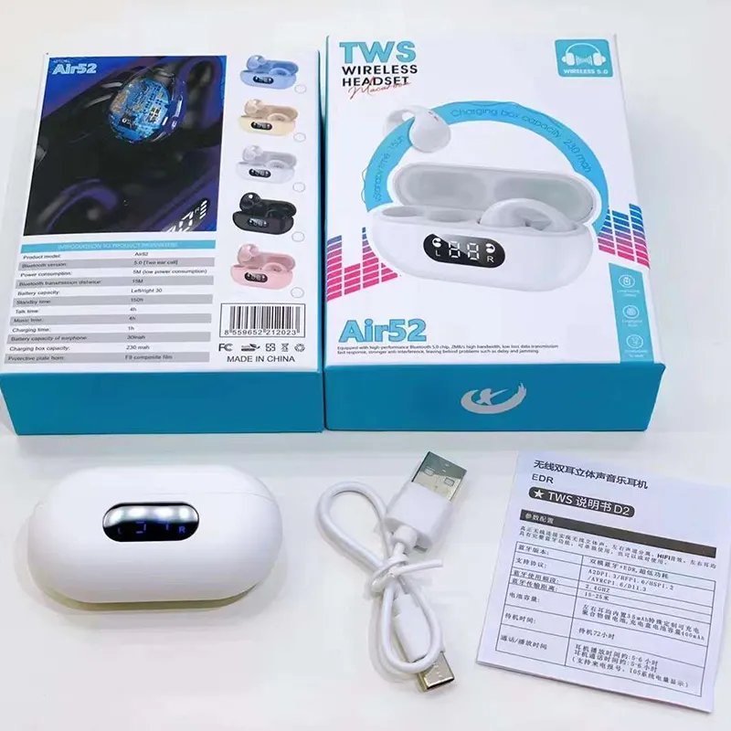 Air52 Kemik İletim Kulaklık Kulaklıklar Kablosuz Kulak Klips Kulak Biçimleri LED Dijital Ekran Hifi Ses Kulak Halkası Su Geçirmez Spor Kulaklığı Air52