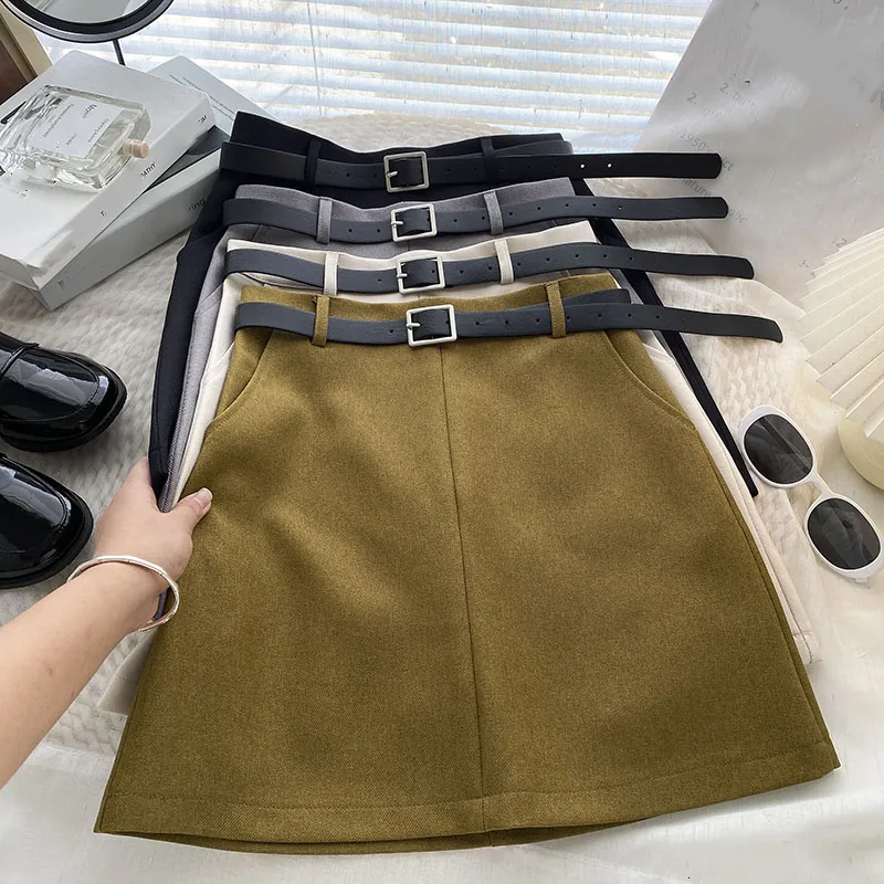 تنانير الشتاء harajuku casual mini skirt مكتب نساء كوري كبير الخصر A-line تنورة اليابان حلوة حزام التنورة القصيرة الإناث 230308