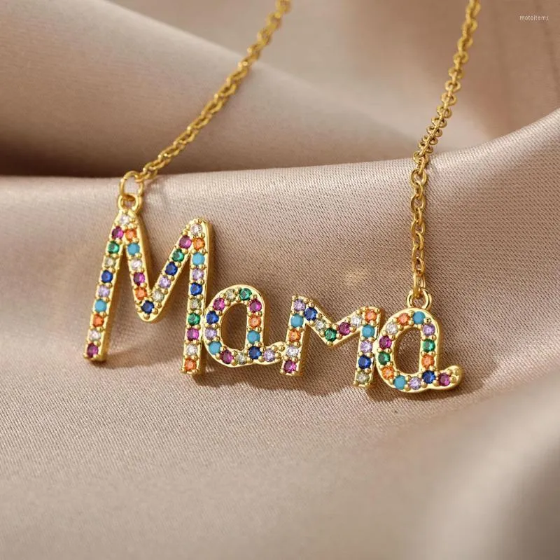 Chains Colorful Cubic Zirconia Letter MaMa Necklace For Women Square Shell Mom Choker Jewelry Mother's Day Gift