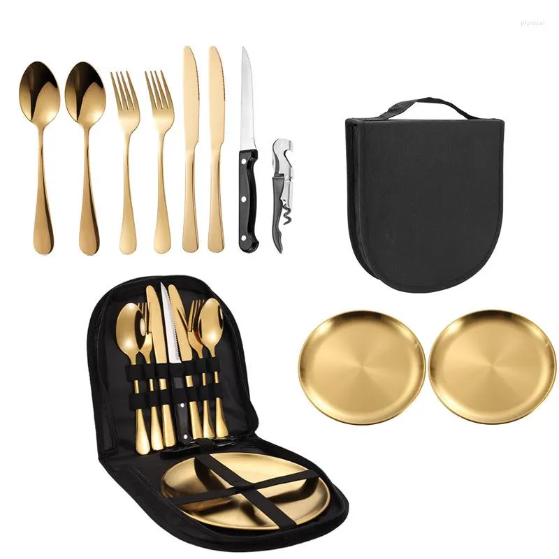 Ensembles de vaisselle Camping Kit d'argenterie Assiette en acier inoxydable Cuillère Ouvre-vin Fourchette Pique-nique en plein air Cuisine BBQ Ensemble d'ustensiles de voyage