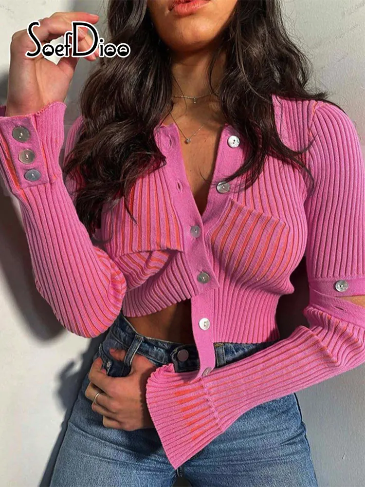 Women's Knits Tees Soefdioo Fashion Design Irregular Detachable Long Sleeve Sweater Fall Rose Red Knitted Lapel Single Breasted Slim Corp Top 230308