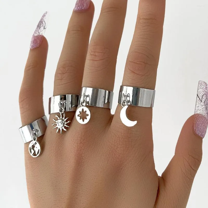 Wedding Rings Personalized Fashion Sun Moon Map Star Pendant Women Personality Silver Color Alloy Opening Joint Finger Ring Sets Jewelry