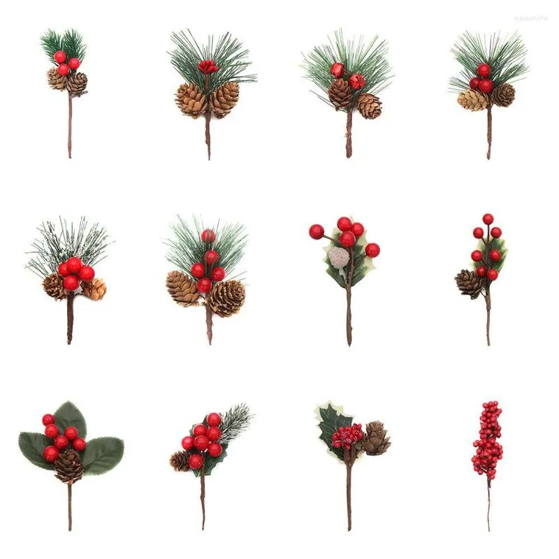 Flores decorativas Pinecone Holly Branches Pine Cone Red Berries Home Decoração floral Árvore de Natal Artificial de Natal Artificial