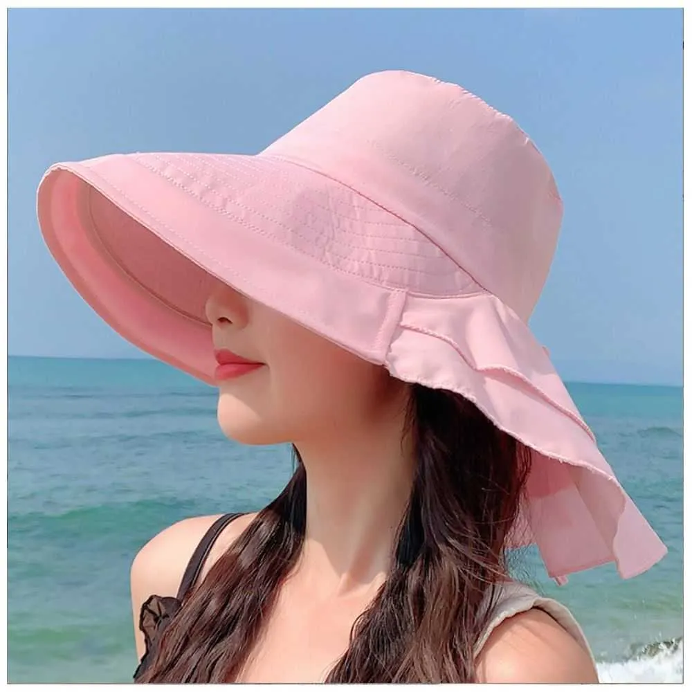 Geniş Memlu Şapkalar Yaz Güneş Şapkası Kadın Boyun Koruyucu Güneş Koruma Kovası Şapkası UPF 50 Açık Mekan Binicilik Alacak kuyruğu Deliği ile Geniş Kötü Şapka R230308