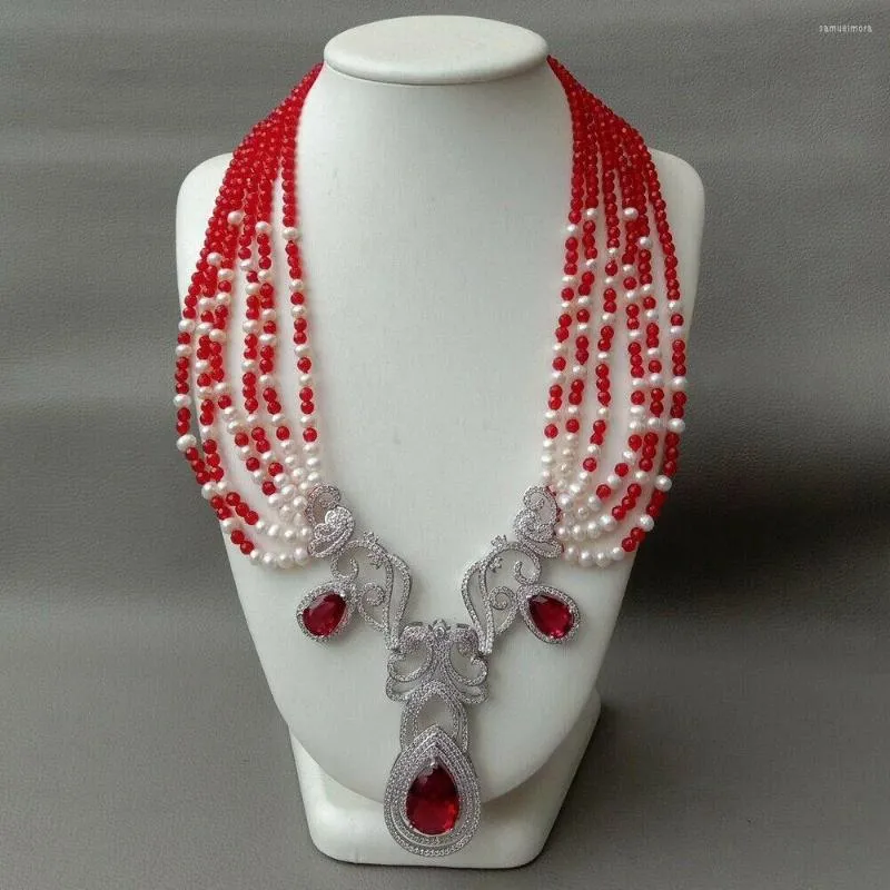 Chaînes 6 rangées de perles blanches de culture collier de jade rouge pendentif CZ 21"