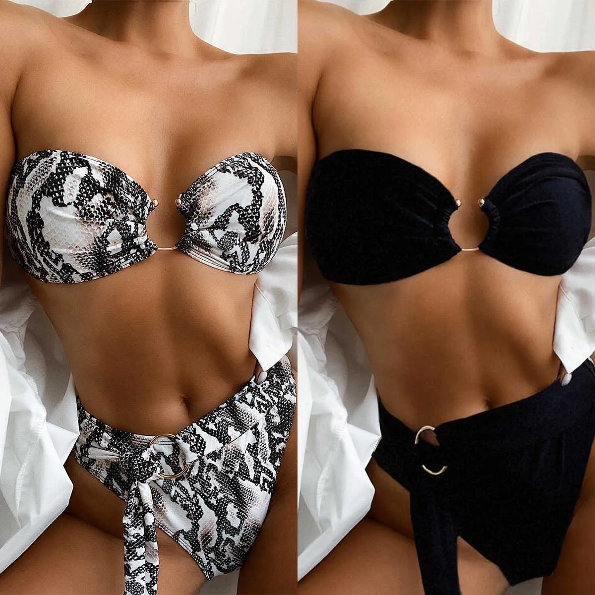 Damenbadebekleidung 2023 Sexy Bikini Bandeau Frauen Schlangenhaut Schwarz Bademode Badeanzug Bikini Set Badeanzug Weibliche Gürtel Metall Hoop Dekor Bañadores T230307