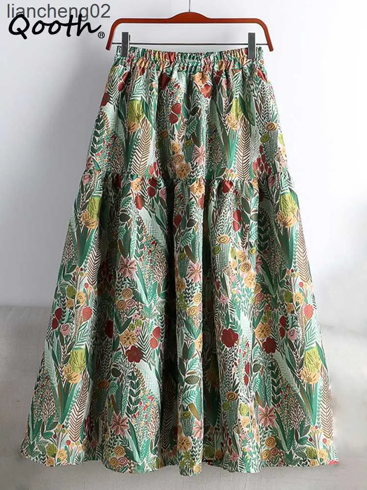 Skirts Qooth Spring Stitching Jacquard Floral Embroidery Mid-length A-line Skirt Women's High Waist Chic Elegant Skirt QT1676 W0308