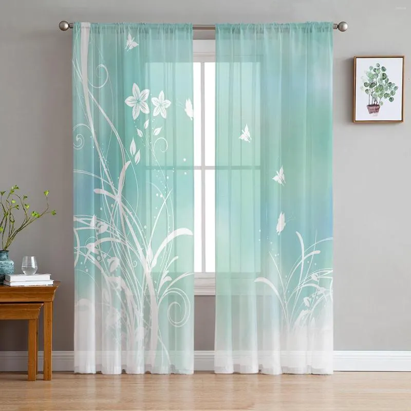 Rideau en Tulle avec fleur d'herbe verte et papillon, pour salon, chambre à coucher, moderne, en mousseline de soie, cuisine transparente