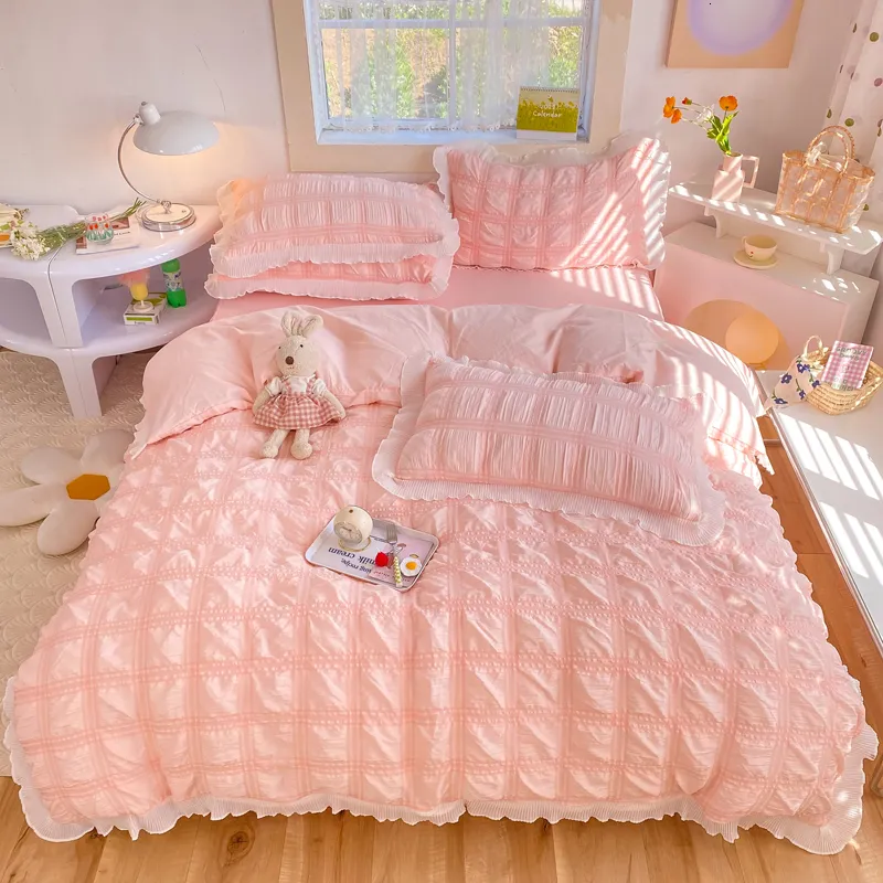 Bedding sets 3/4Pcs Duvet Cover Set With Lace Pink Color Bed Sheet Set Pillowcase Bed Skirt Set for Girls Queen King Size jogo de cama casal 230308