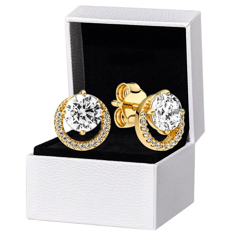 Orecchini a bottone Halo rotondi placcati in oro per Pandora Gioielli in argento sterling 925 di design per matrimoni per le donne Regalo fidanzata Orecchini con diamanti CZ con scatola originale