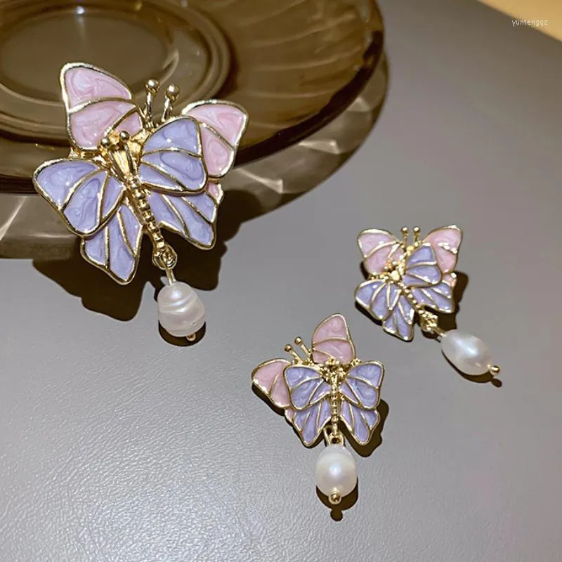 Bengelen oorbellen vsnow voortreffelijke dubbele vlinder paarse roze oorbel voor vrouwen fee