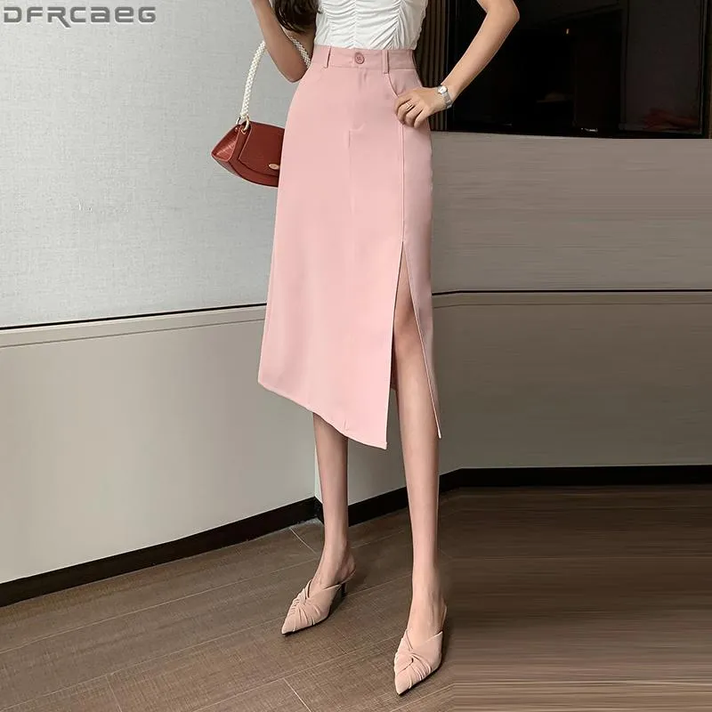 Gonne Moda Stile Coreano Lungo Per Le Donne Elegante OL Nero Beige Rosa Gonna Sexy Spacco Laterale Spacco Vita Alta Mujer Faldas