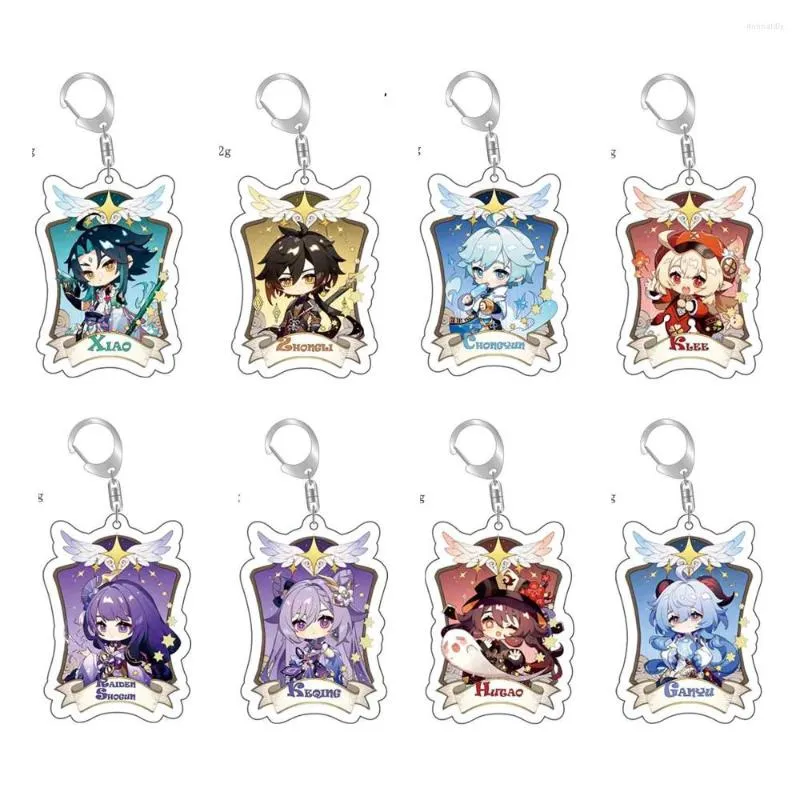 Keychains Anime Genshin Impact KeyChain Zhongli Tartaglia Hutao Men bil för kvinnor akrylnyckelknappar gåvor väsktillbehör