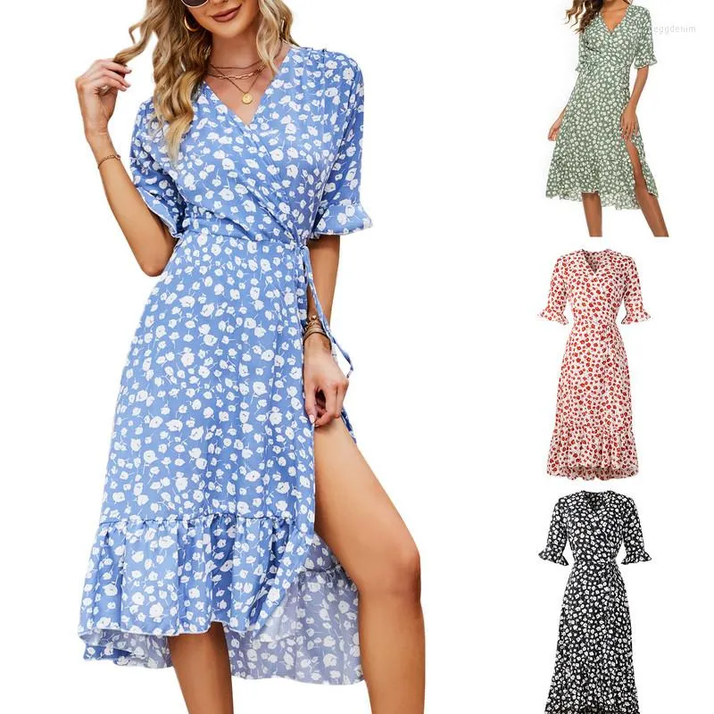 Party Dresses Women Midi Dress Short Sleeve V-neck Flower Print Elegant Summer Casual