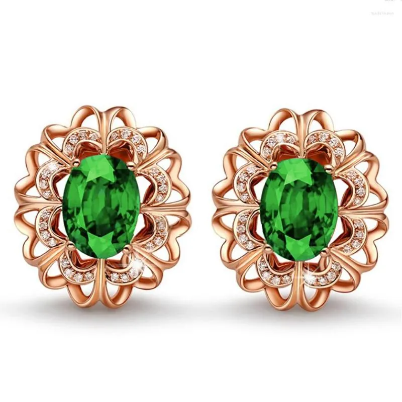 Aretes Clásicos Cristal Verde Esmeralda Piedras Preciosas Diamantes Flor Para Mujeres 14k Oro Rosa Lleno Joyería Accesorios De Fiesta