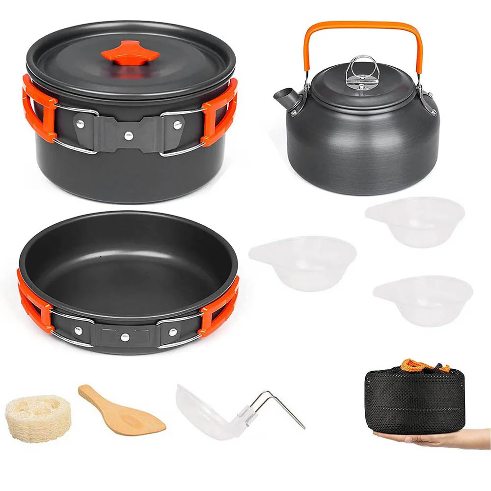 Camp Kitchen Camping Cookware Kit Outdoor Cooking Set Aluminum Equipment Pot Travel Tableware Hiking Picnic BBQ 230307