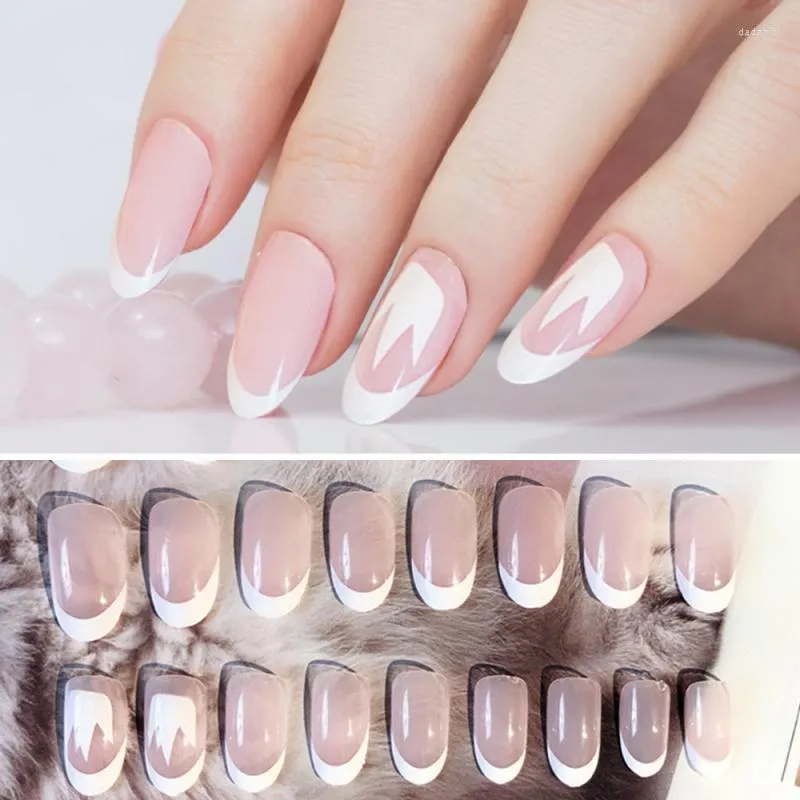 False Nails 24pcs Classical Design French Fake Nail With Glue Sticker UV Gel Flase Light Pink Pointed White Tips Art