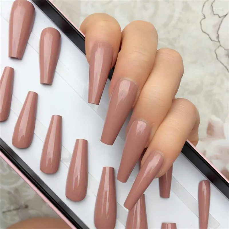 False Nails 24Pcs Shiny Nude Long Ballerina Coffin Artificial Press On Fake With Jelly Glue DIY Full Cover Manicure Tool