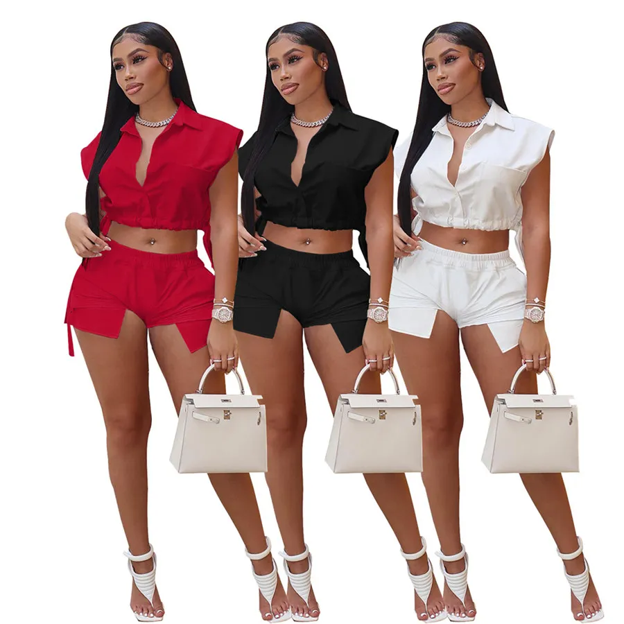 designer tracksuits Bulk Wholesale Fashion Office Shorts Two Piece Set Sleeveless Zip-up Crop Top and Pocket Short Pants Streetwear Outfits 9421