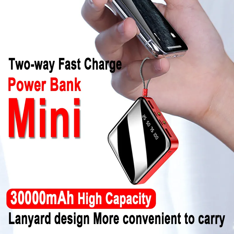30000mAh Mini Power Bank Zwei-Wege-Schnellladung Tragbares 2 USB-Digitalanzeige Externer Akku mit Taschenlampe für Xiaomi iPhone